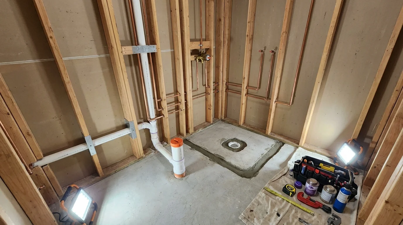 Bathroom rough-in plumbing during remodel by Johns Plumbing LLC in Algonquin