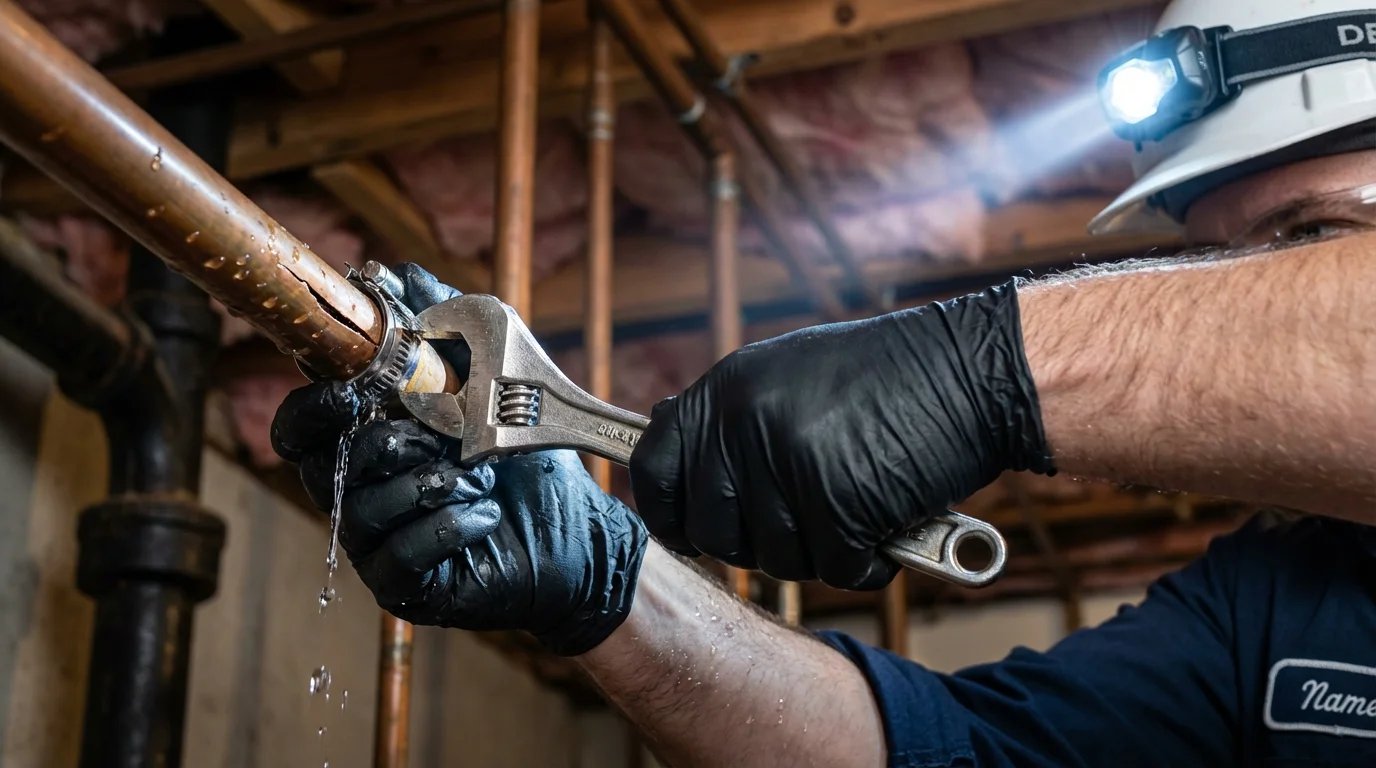 Emergency pipe clamp repair being performed by a Johns Plumbing LLC plumber in Algonquin