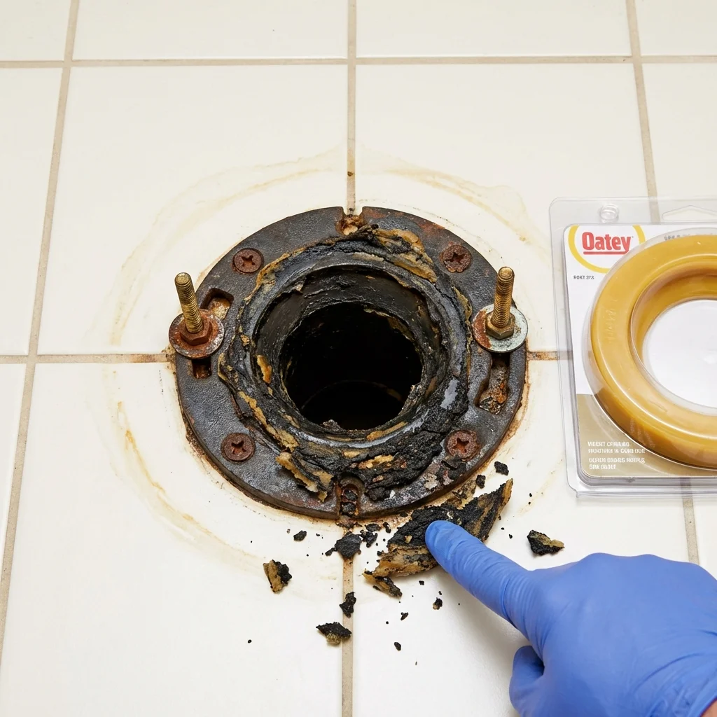 Failed wax ring showing water seepage at the base of a toilet in a Algonquin, IL home