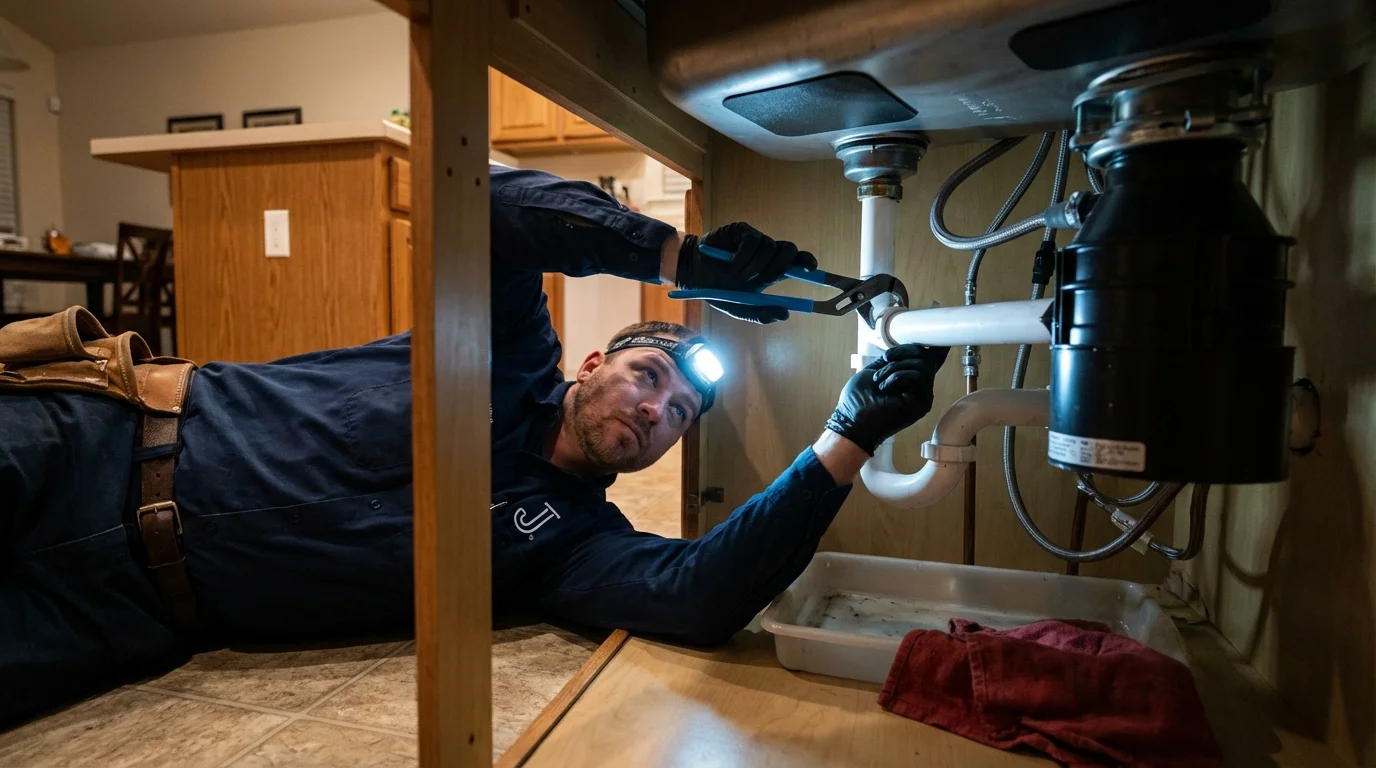 P-trap and supply line connections under a kitchen sink showing a common leak point in Algonquin, IL